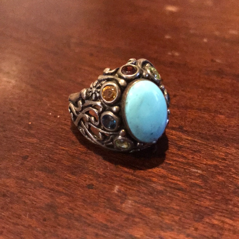 QVC Floral Vine Turquoise Multi-Gem Sterling Ring